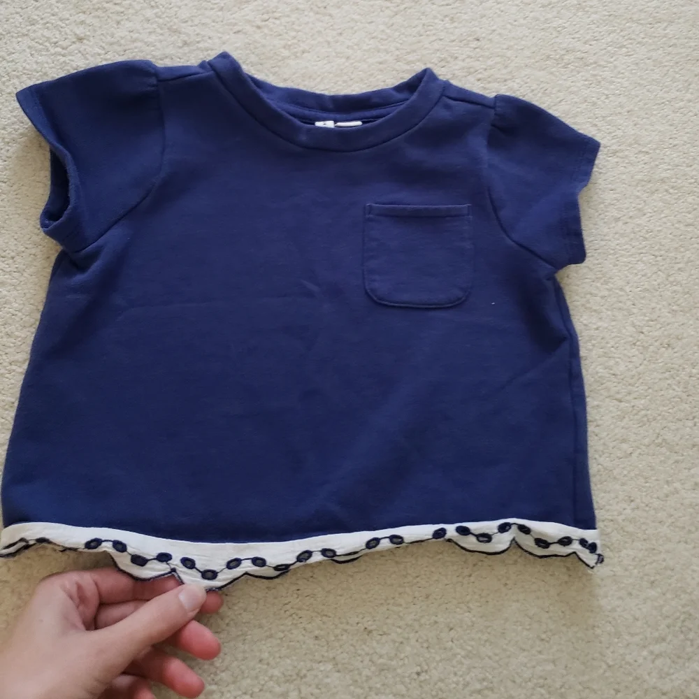 Janie and Jack Girls' Navy French Terry Short Sleeve Shirt With Eyelet Trim sz5